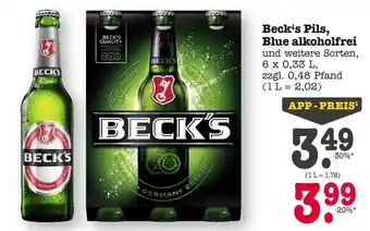 E-Center Beck's pils, blue alkoholfrei und weitere sorten Angebot
