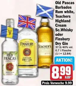 Hit Old Pascas Barbados Rum white, Teachers Highland Cream Sc.Whisky oder Finsbury Dry Gin Angebot