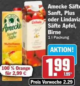 Hit Amecke Säfte Sanft, Plus oder Lindavia Säfte Apfel, Birne Angebot