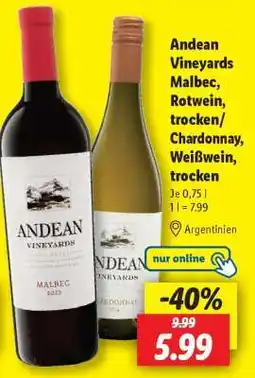 Lidl Andean Vineyards Malbec, Rotwein, trocken/Chardonnay, Weißwein, trocken Angebot