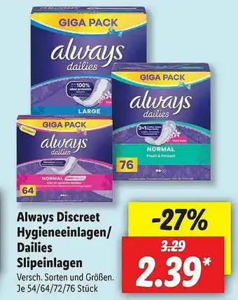 Lidl Always Discreet Hygieneeinlagen Oder Dailies Slipeinlagen Angebot