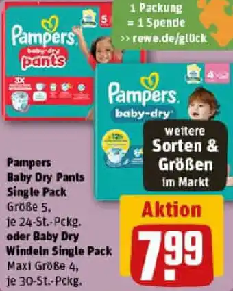 REWE Pampers Baby Dry Pants Single Pack oder Baby Dry Windeln Single Pack Angebot