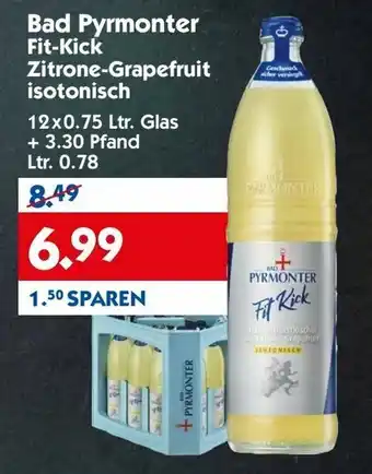 Hol'ab Getränkemarkt Bad Pyrmonter Fit-kick Zitrone-Grapefruit Isotonisch 12 x 0.75 Ltr. Glas + 3.30 Pfand Ltr. 0.78 Angebot