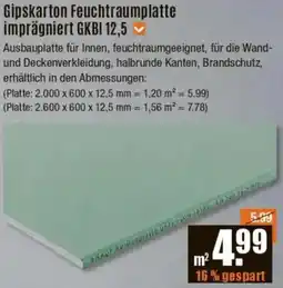 V Baumarkt Gipskarton Feuchtraumplatte imprägniert GKBI 12,5 Angebot