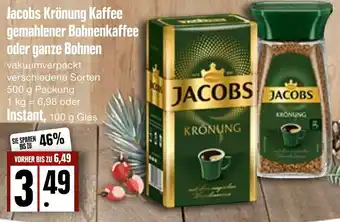 Edeka Frischemarkt Jacobs Krönung Kaffee gemahlener Bohnenkaffee oder ganze Bohnen 500g Angebot