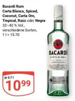 Globus Bacardi Rum Carta Blanca, Spiced, Coconut, Carta Oro, Tropical, Razz oder Negra Angebot