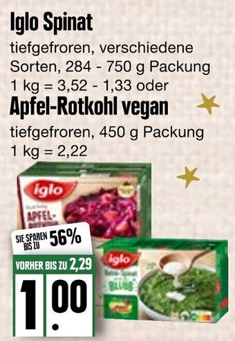 Edeka Frischemarkt Iglo Spinat 284-750g oder Apfel Rotkohl vegan 450g Angebot