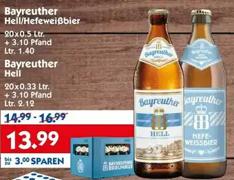 Hol'ab Getränkemarkt Bayreuther Hell/Hefeweißbier 20 x 0.5 Ltr. + 3.10 Pfand und Bayreuther Hell 20 x 0.33 Ltr. + 3.10 Pfand Angebot