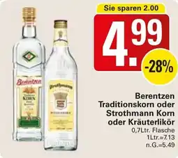 WEZ Berentzen Traditionskorn oder Strothmann Korn oder Kräuterlikör Angebot