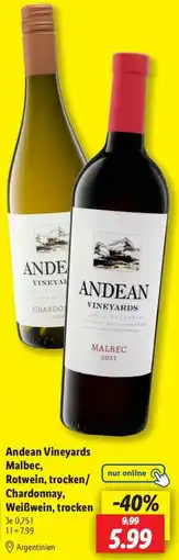 Lidl Andean Vineyards Malbec, Rotwein, trocken/ Chardonnay, Weißwein, trocken Angebot
