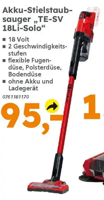 Globus Baumarkt Einhell Akku-Stielstaubsauger ,,TE-SV 18Li-Solo" Angebot