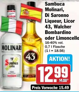 Hit Sambuca Molinari, Di Saronno Liqueur, Licor 43, Walcher Bombardino oder Limoncello Angebot