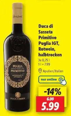 Lidl Duca di Sasseta Primitivo Puglia IGT, Rotwein, halbtrocken Angebot