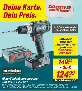 toom Baumarkt Metabo akku-schlagbohrschrauber sb 18 l 2 x 2,0 ah Angebot