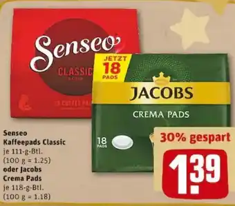 REWE PETZ Senseo Kaffeepads Classic 111g oder Jacobs Crema Pads 118g Btl. Angebot