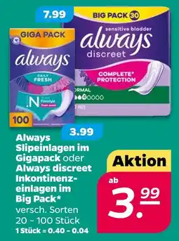 NETTO Always slipeinlagen im gigapack oder discreet inkontinenz-einlagen im bag pack Angebot
