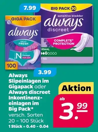 NETTO Always slipeinlagen im gigapack oder discreet inkontinenz-einlagen im bag pack Angebot