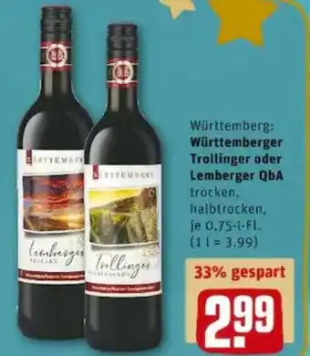 REWE PETZ Württemberger Trollinger oder Lemberger QbA 0,75L Angebot