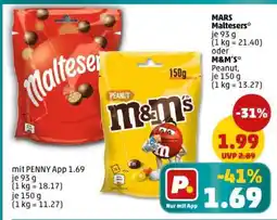 PENNY MARS Maltesers* je 93 g (1 kg = 21.40) oder M&M's Peanut, je 150 g (1 kg = 13.27) Angebot