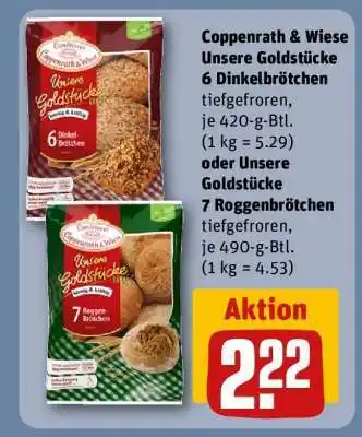 REWE Coppenrath & Wiese Unsere Goldstücke 6 Dinkelbrötchen oder Unsere Goldstücke 7 Roggenbrötchen Angebot