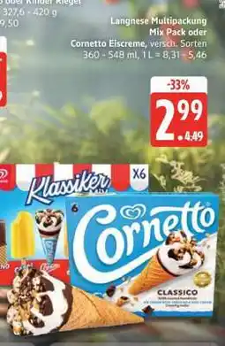 Edeka Langnese Multipackung Mix Pack oder Cornetto Eiscreme Angebot