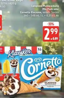 Edeka Langnese Multipackung Mix Pack oder Cornetto Eiscreme Angebot