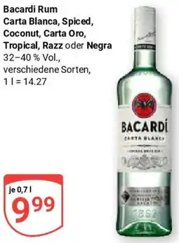 Globus Bacardi Rum Carta Blanca, Spiced, Coconut, Carta Oro, Tropical, Razz oder Negra Angebot