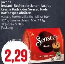 Ihr Frischmarkt Jacobs Instant-Becherportionen, Jacobs Crema Pads oder Senseo Pads Kaffeespezialitäten Angebot