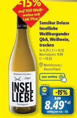 Lidl Sansibar Deluxe Inselliebe Weißburgunder QbA, Weißwein, trocken Angebot