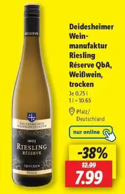 Lidl Deidesheimer Weinmanufaktur Riesling Réserve QbA, Weißwein, trocken Angebot