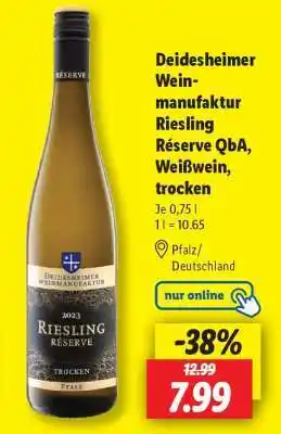 Lidl Deidesheimer Weinmanufaktur Riesling Réserve QbA, Weißwein, trocken Angebot
