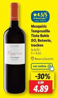 Lidl Mezquiriz Tempranillo Tinto Roble DO, Rotwein, trocken Angebot