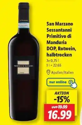 Lidl San Marzano Sessantanni Primitivo di Manduria DOP, Rotwein, halbtrocken Angebot