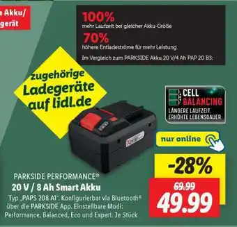 Lidl PARKSIDE PERFORMANCE 20 V / 8 Ah Smart Akku Angebot