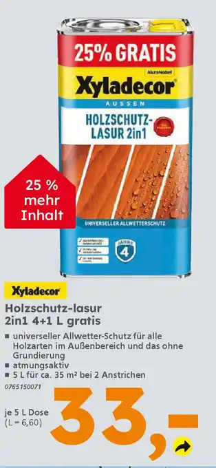 Globus Baumarkt Xyladecor Holzschutz-lasur 2in1 4+1 L gratis Angebot