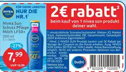 Budni Nivea sun nivea sun schutz pflege milch lf50+ Angebot