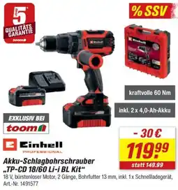 toom Baumarkt Einhell Akku-Schlagbohrschrauber ,,TP-CD 18/60 Li-i BL Kit" Angebot