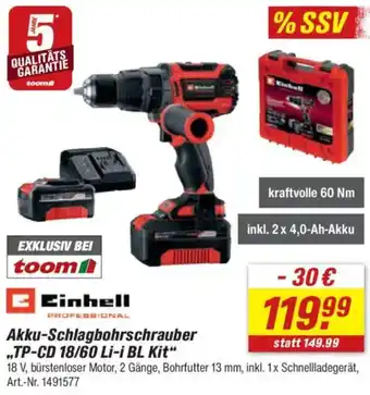 toom Baumarkt Einhell Akku-Schlagbohrschrauber ,,TP-CD 18/60 Li-i BL Kit" Angebot