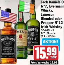 HIT Jack Daniels Old N°7, Evermann Whisky, Jameson Blended oder Propper N°12 Irish Whiskey Angebot