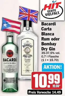 HIT Bacardi Carta Blanca Rum oder Bombay Dry Gin Angebot