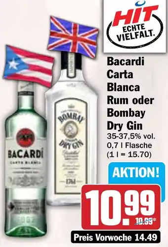 HIT Bacardi Carta Blanca Rum oder Bombay Dry Gin Angebot