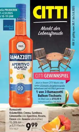 CITTI Markt Ramazzotti Kräuterlikör, Crema, Sambuca, Limoncello oder Aperitivo, Rosato, Fresco oder Arancia (alkoholfrei) Angebot