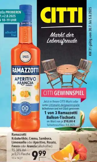 CITTI Markt Ramazzotti Kräuterlikör, Crema, Sambuca, Limoncello oder Aperitivo, Rosato, Fresco oder Arancia (alkoholfrei) Angebot