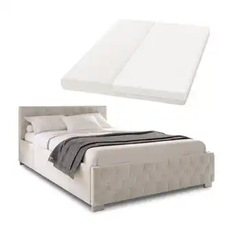 Netto Marken-Discount Juskys Polsterbett Nizza 140x200 cm – Matratze, Stauraum & LEDs - Samtbezug mit Steppung - Beige Angebot