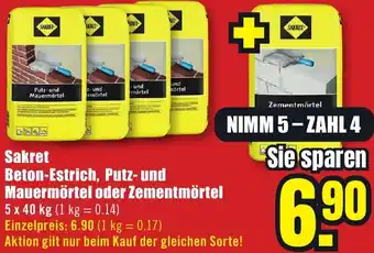 B1 Discount Baumarkt Sakret Beton-Estrich, Putz- und Mauermörtel oder Zementmörtel Angebot