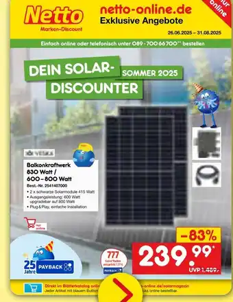 Netto Marken-Discount Balkonkraftwerk 830 watt / 600–800 watt Angebot
