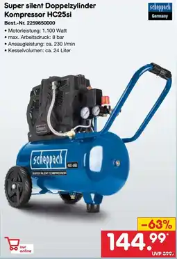Netto Marken-Discount Scheppach Super silent Doppelzylinder Kompressor HC25si Angebot