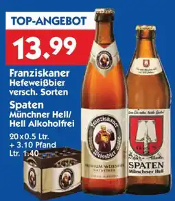 Hol'ab Getränkemarkt Franziskaner Hefeweißbier o. Spaten Münchner Hell/ Hell Alkoholfreianzishane Angebot