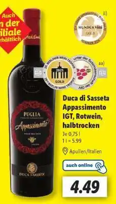 Lidl Duca di Sasseta Appassimento IGT, Rotwein, halbtrocken Angebot