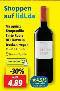Lidl Mezquiriz Tempranillo Tinto Roble DO, Rotwein, trocken, vegan Angebot